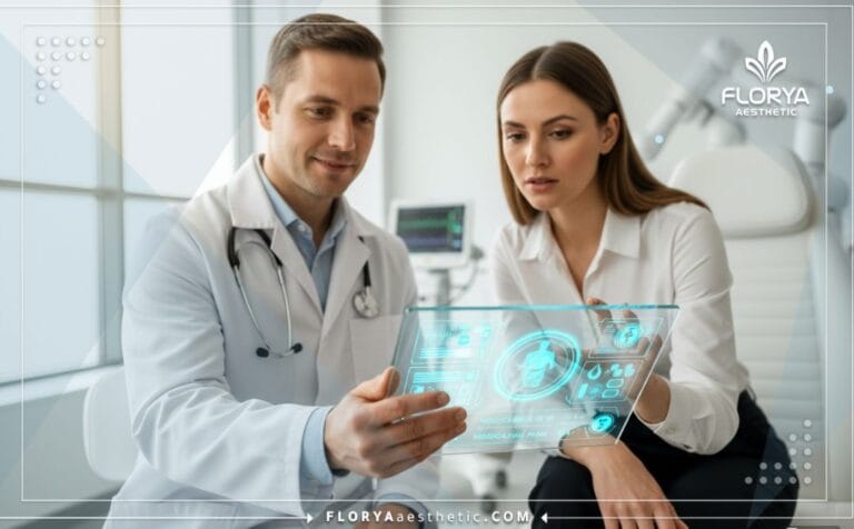 Doctor explicando Riesgos de la Marcación Abdominal en Turquía en tablet