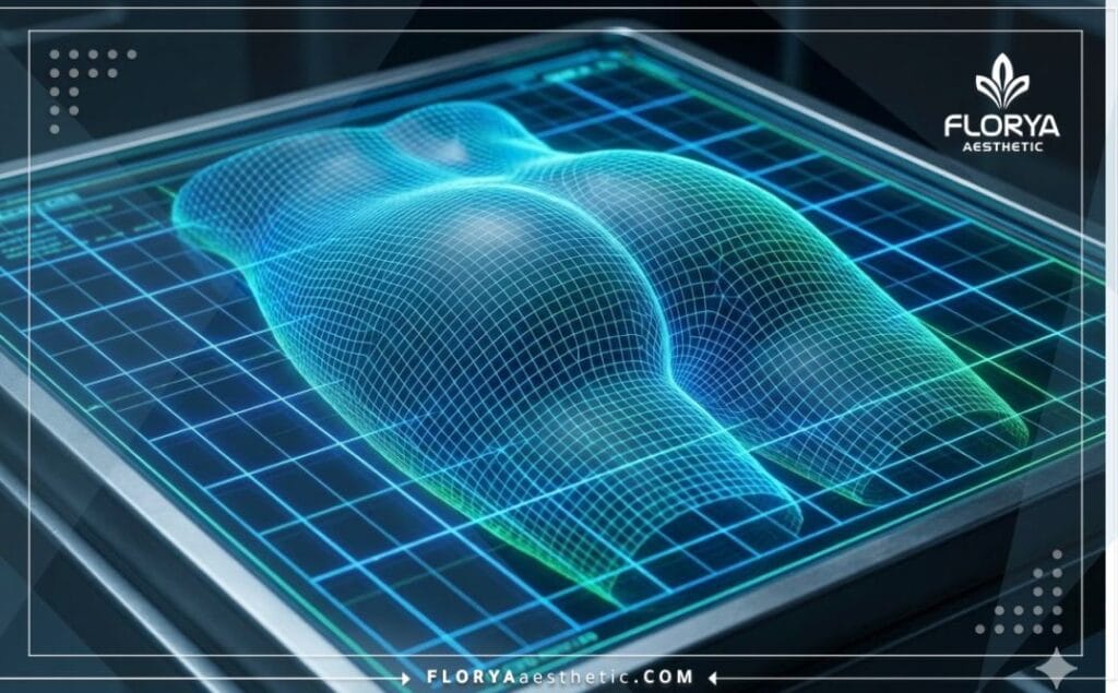 Digital 3D mesh visualization of gluteal anatomy and sculpting zones.