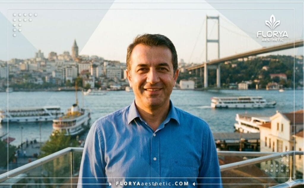 Friendly plastic surgeon in Istanbul with Bosphorus bridge background.