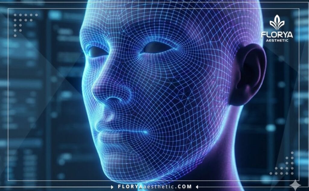 Digital 3D topographic mesh scan of the facial anatomy for surgical planning.