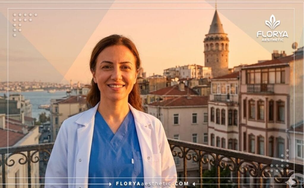 Friendly plastic surgeon in Istanbul with Galata Tower in the background.