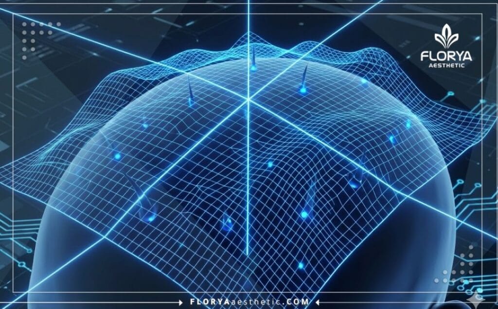 مسح رقمي ثلاثي الأبعاد لفروة الرأس يوضح دقة تقنيات زراعة الشعر.