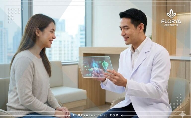 Chirurgien expliquant les avantages de l'abdominoplastie en Turquie sur tablette.