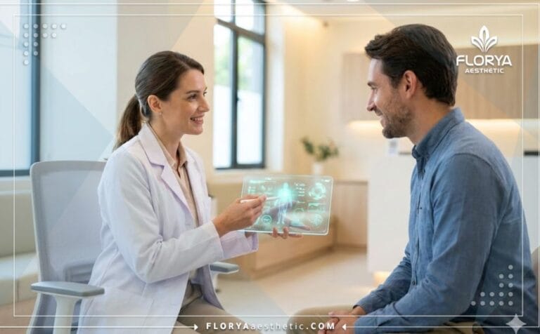 Doctor explicando las Ventajas de la Liposucción Vaser en Turquía en una tableta digital.