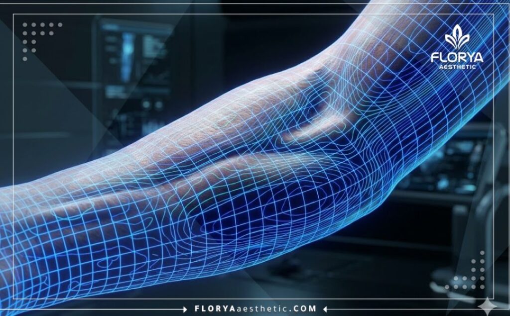 High-tech 3D macro surface scan visualizing the arm anatomy for precise fat removal contouring.