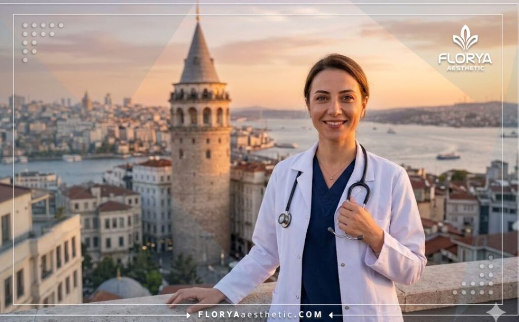 Smiling doctor extending a warm invitation to a medical clinic in Istanbul, Turkey.