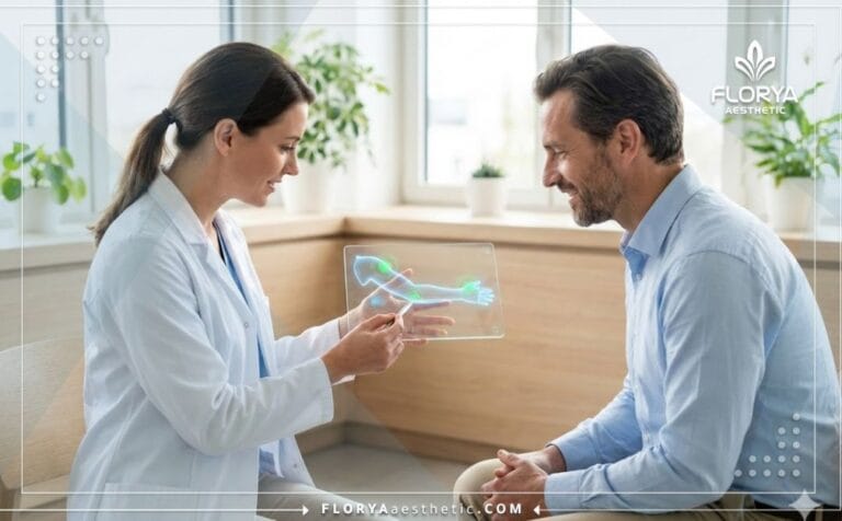 Médico profesional explicando la Escultura de brazos en Turquía a un paciente utilizando tecnología digital avanzada.