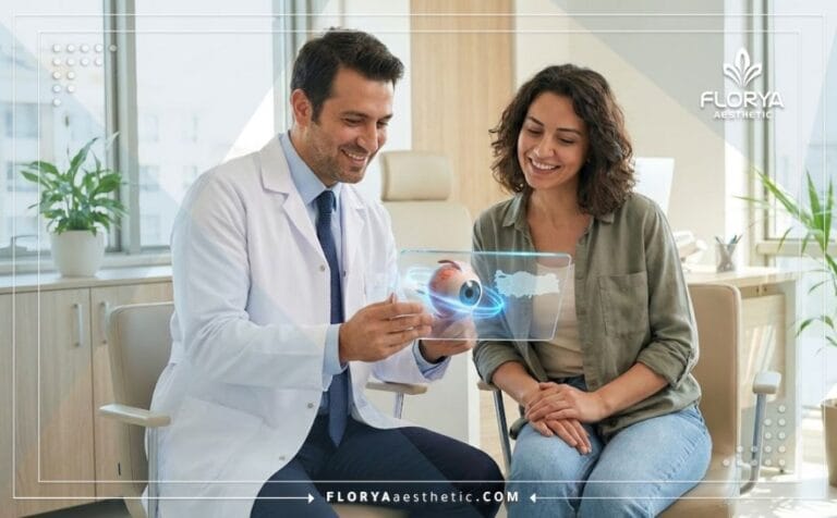 Médico especialista explicando el Tratamiento del astigmatismo en Turquía usando tecnología digital avanzada