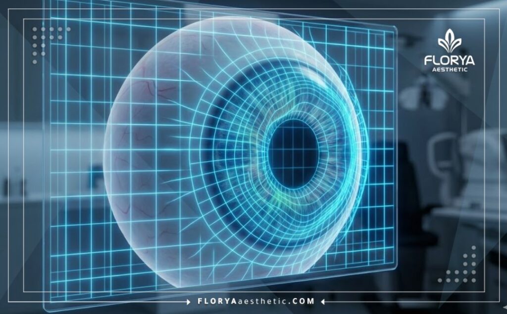 Futuristic 3D surface scan of a human eye cornea showing a precise topographic mesh for laser surgery.