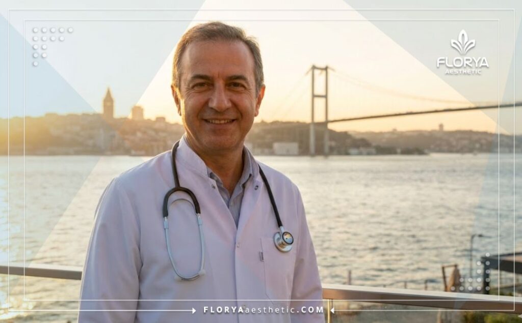 Friendly eye surgeon smiling with the Galata Tower in Istanbul in the background