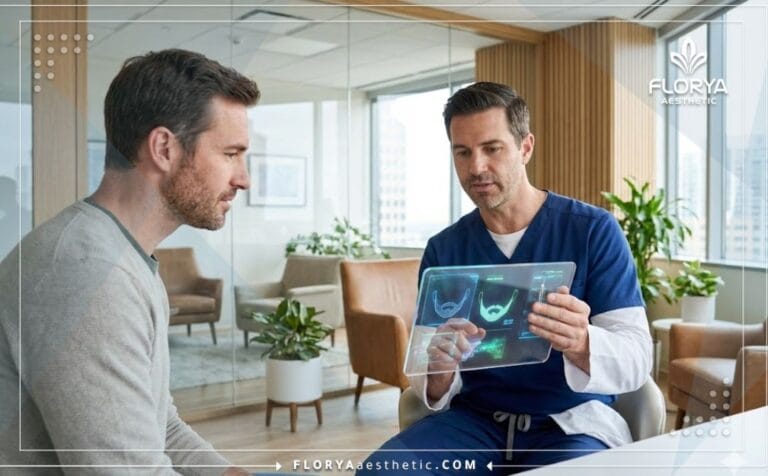 Doctor explicando los Riesgos del Trasplante de Barba en Turquía mediante planificación digital