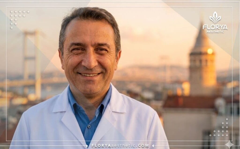 Médico amable sonriendo con la Torre Galata de Estambul al fondo durante el atardecer
