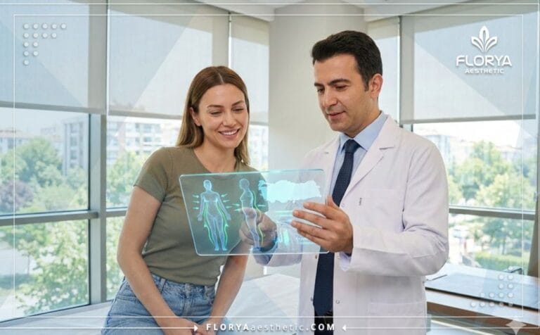 Docteur expliquant les Avantages de la Liposuccion 360 en Turquie sur tablette numérique.