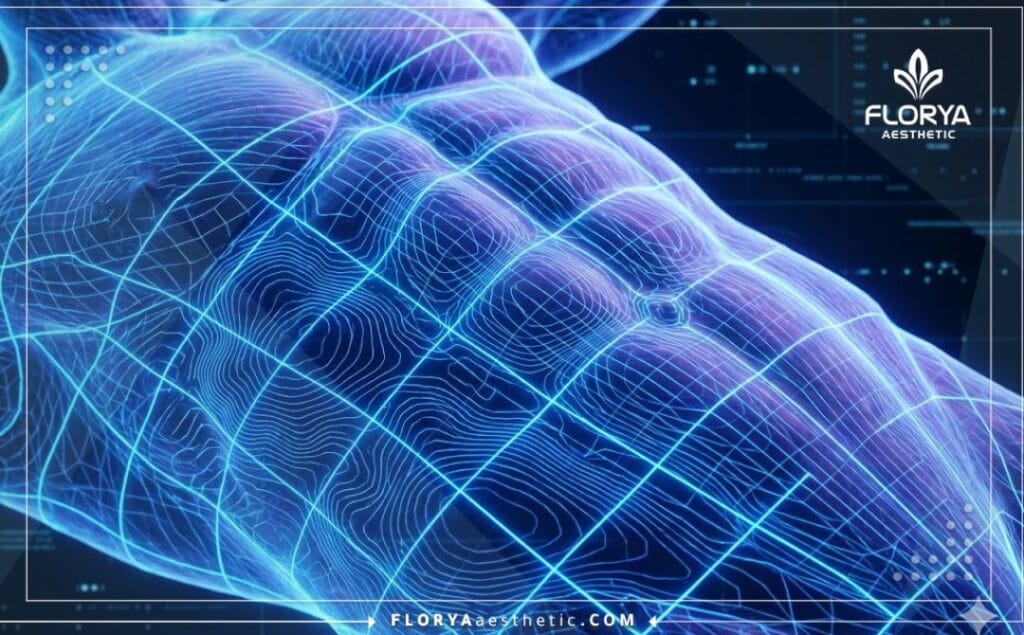 Scan 3D numérique focalisé sur la zone abdominale et les muscles