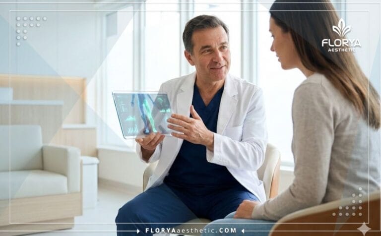 Médecin expliquant les Avantages de la liposuccion des fesses en Turquie avec une technologie sur tablette.