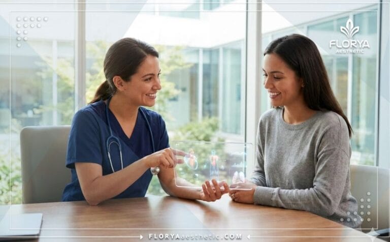 طبيب يشرح ميزات شفط الدهون مع الحقن للمريض باستخدام تقنيات حديثة