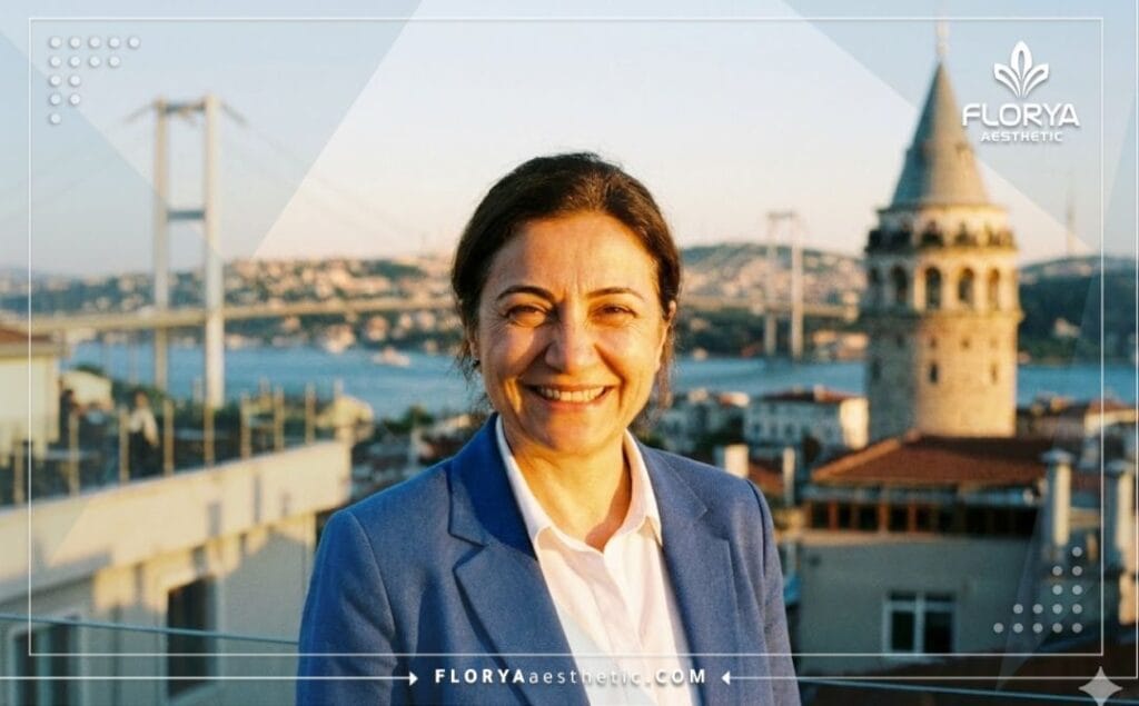 Medical professional welcoming patients to Istanbul with the Bosphorus in view.