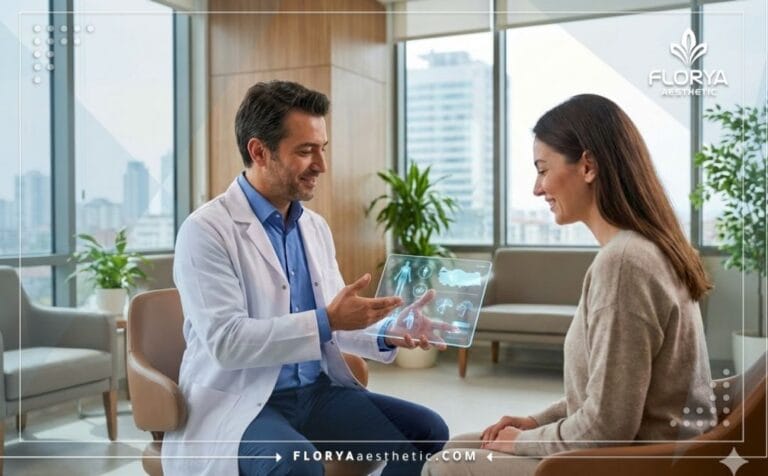 Médecin expert montrant les Avantages du lifting corporel inférieur en Turquie sur une tablette technologique