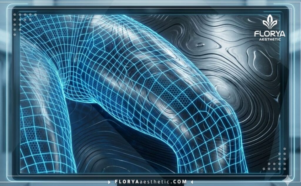 مسح ضوئي ثلاثي الأبعاد يظهر التشريح الدقيق لمنطقة الفخذين وعضلات الساق