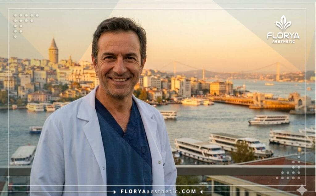 دكتور تجميل مبتسم يرحب بالمرضى في إسطنبول مع خلفية البوسفور