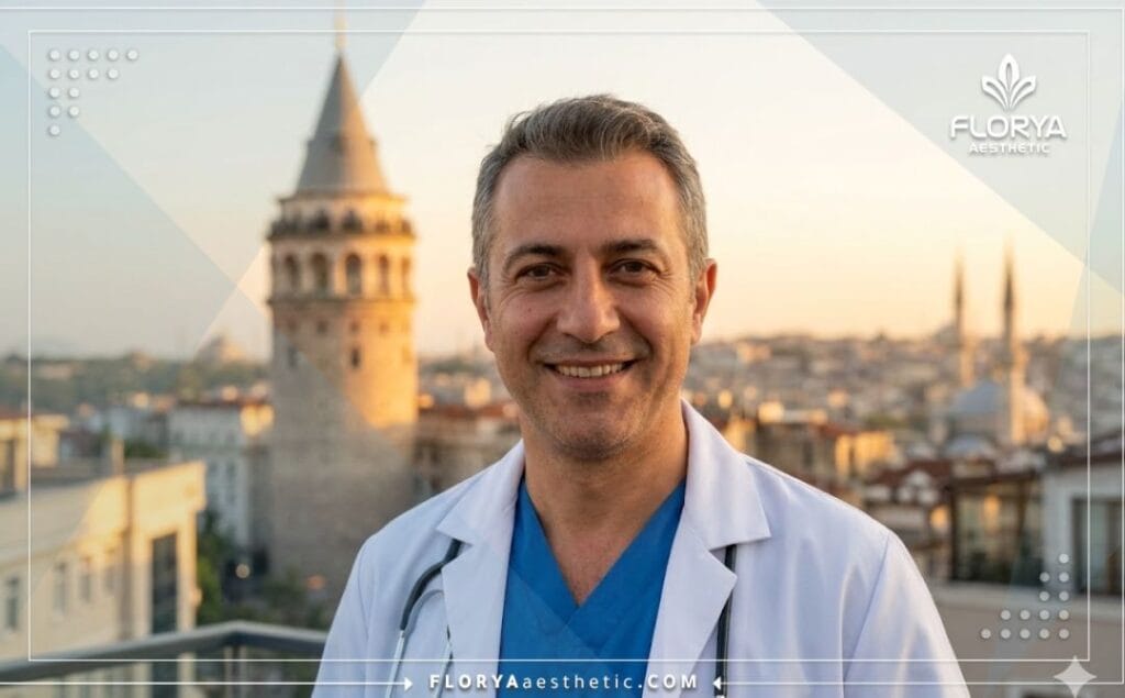 Cirujano amable dando la bienvenida a los pacientes con la vista de Estambul de fondo al atardecer.
