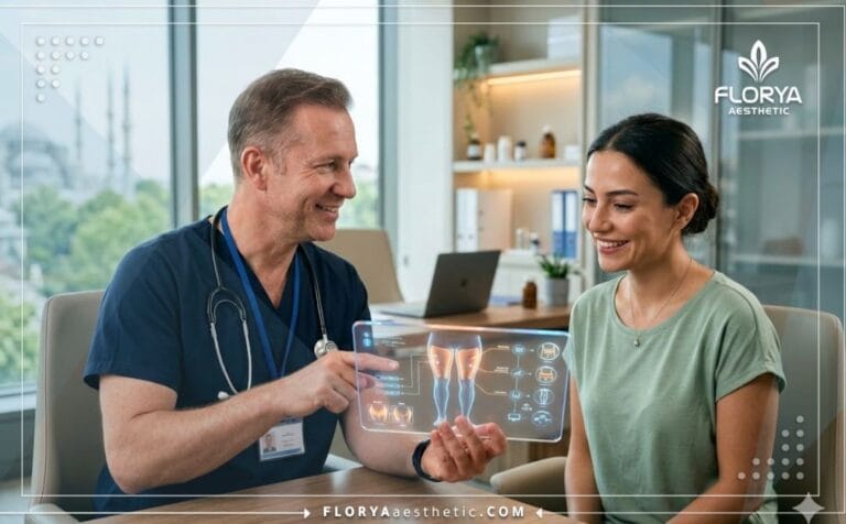 Spécialiste médical expliquant les Avantages de la liposuccion des cuisses en Turquie à l'aide d'une technologie avancée.