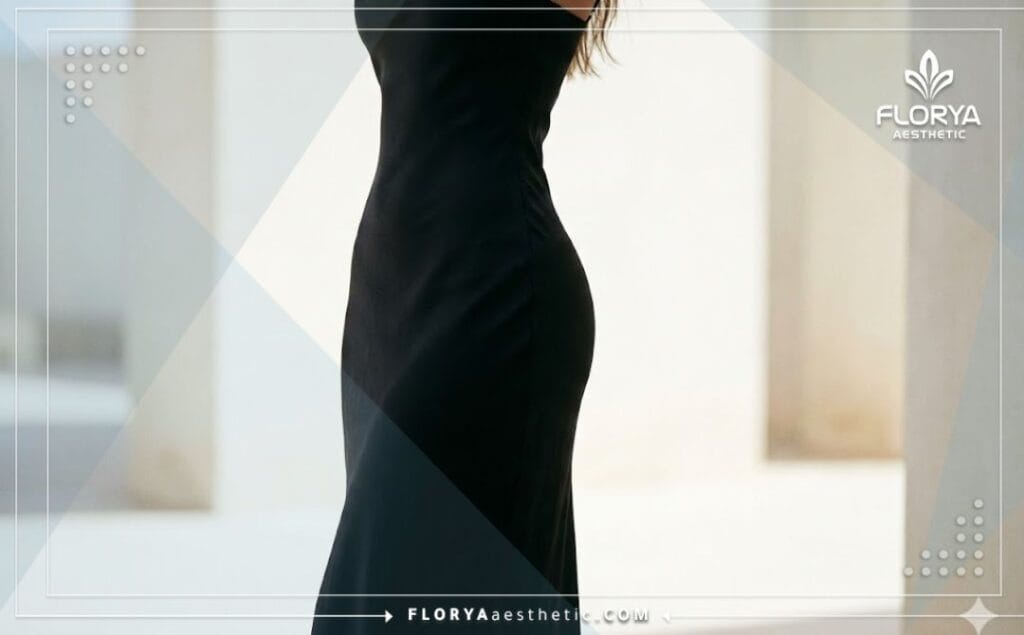 Toma cinematográfica del resultado perfecto y la silueta tras el aumento de glúteos.