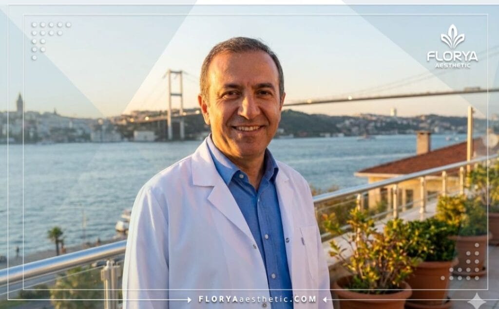 Doctor amable dando la bienvenida a pacientes en Estambul con el puente del Bósforo