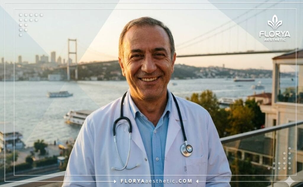 طبيب تجميل متخصص يبتسم وخلفه معالم إسطنبول السياحية الشهيرة.