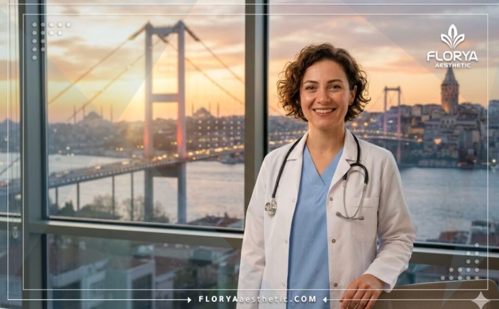 Friendly medical professional in Istanbul with Bosphorus view.