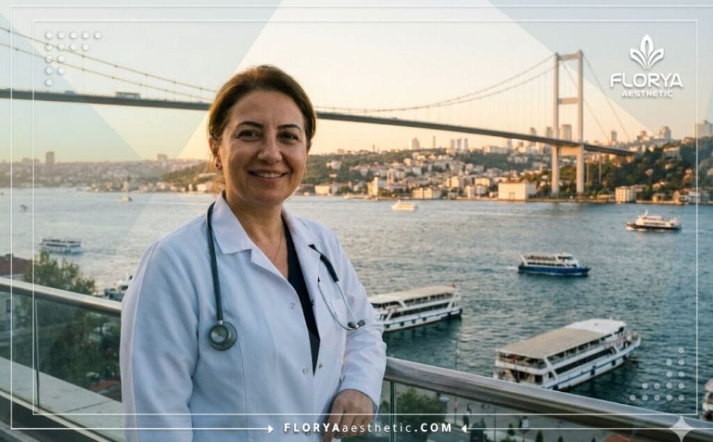 طبيب تجميل مبتسم يرحب بالمرضى في إسطنبول مع خلفية البوسفور