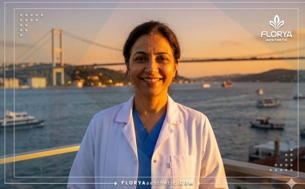 Приветливый доктор в Стамбуле на фоне достопримечательностей.