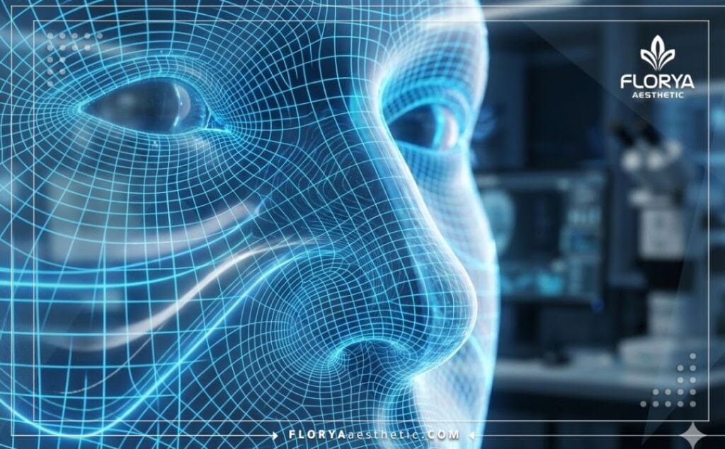 مسح ثلاثي الأبعاد دقيق لمنطقة الأنف يظهر الشبكة الطبوغرافية الرقمية.