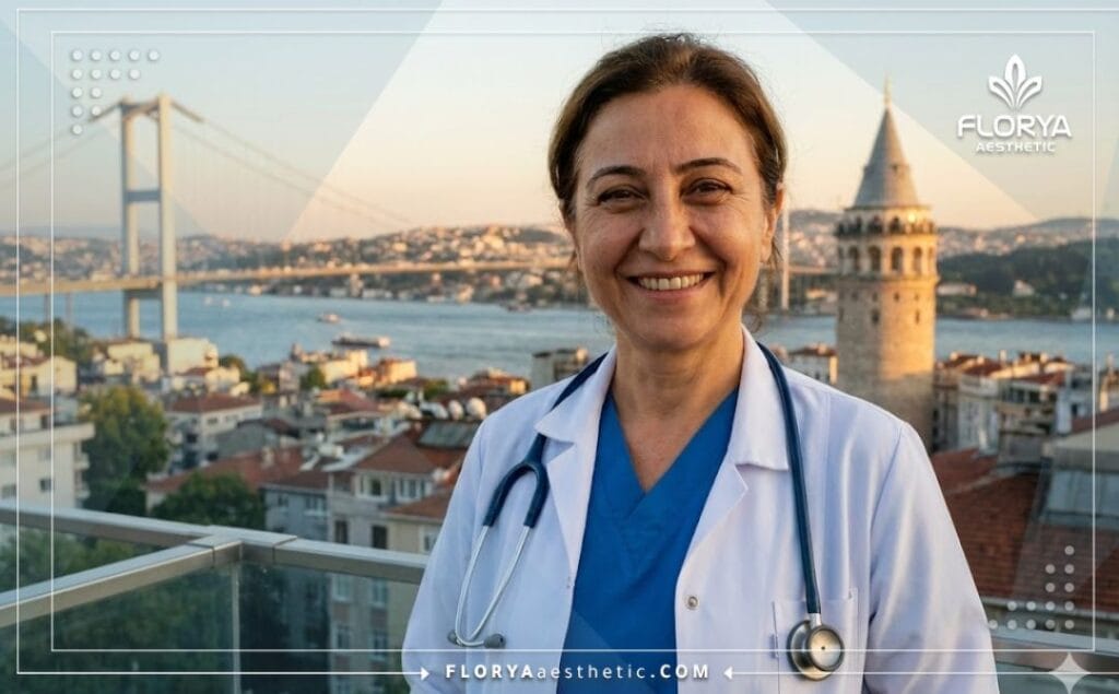 دكتور تجميل مبتسم يرحب بالمرضى في إسطنبول مع خلفية البوسفور.
