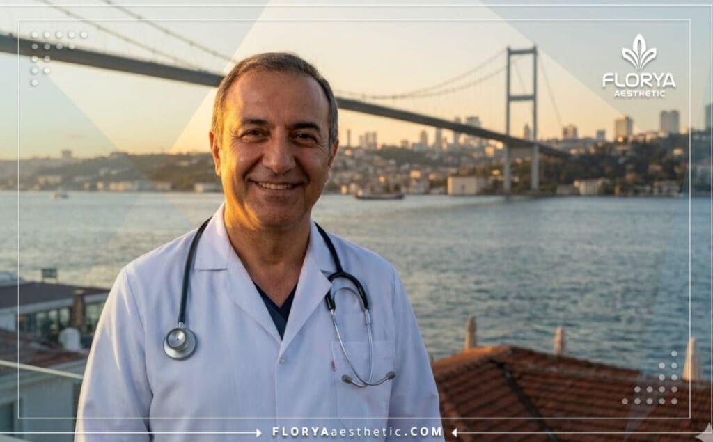 طبيب تجميل مبتسم يرحب بالمرضى في اسطنبول مع خلفية البوسفور.