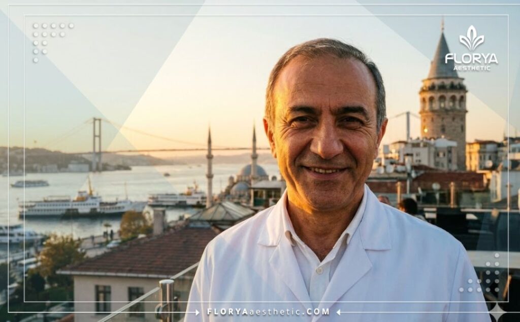 Friendly aesthetic doctor welcoming a patient with the Istanbul Bosphorus in the background.