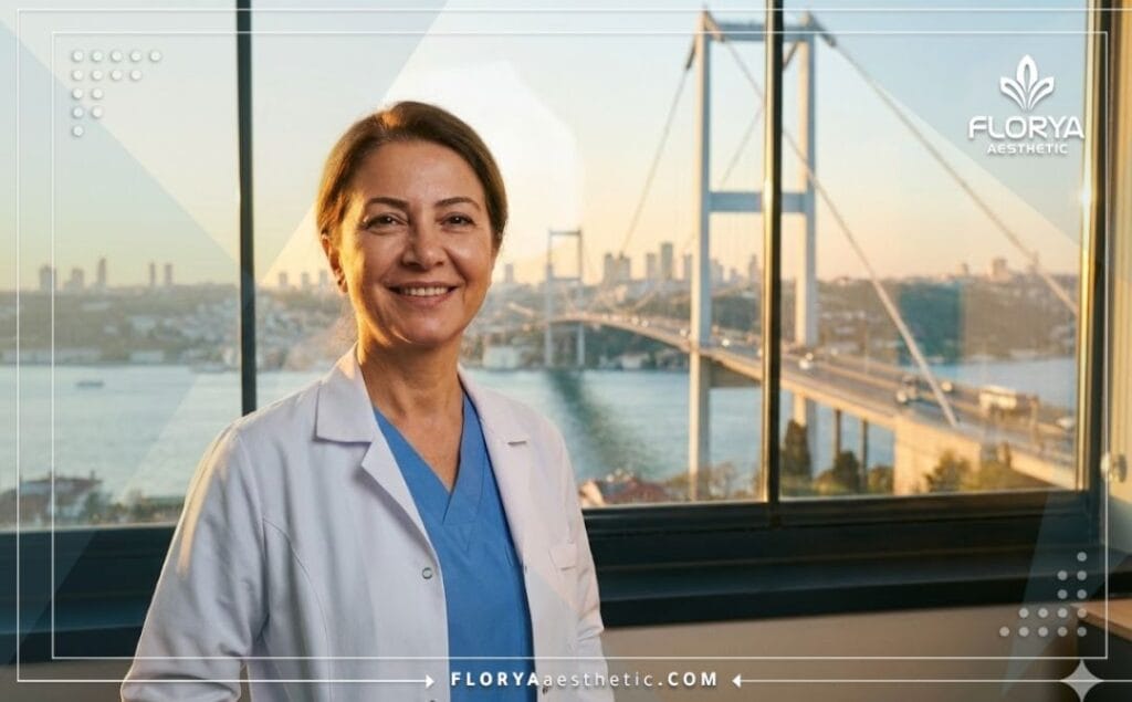 Cirujano plástico amable en Estambul con vista a la ciudad