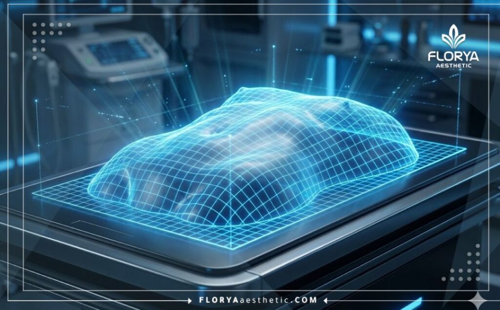 Scan 3D futuriste de la zone digestive montrant la précision de la technologie bariatrique.