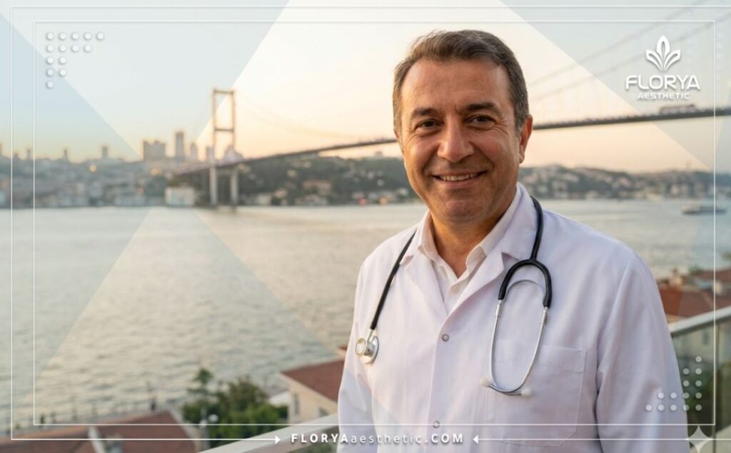Médecin bariatrique amical souriant avec le pont du Bosphore à Istanbul en arrière-plan.