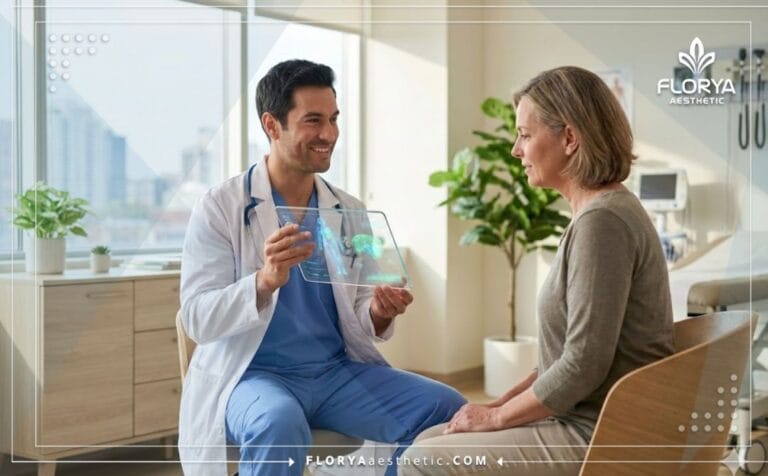 Médico profesional mostrando un plan digital del Mejor Cirujano de Mini Bypass Gástrico en Turquía.