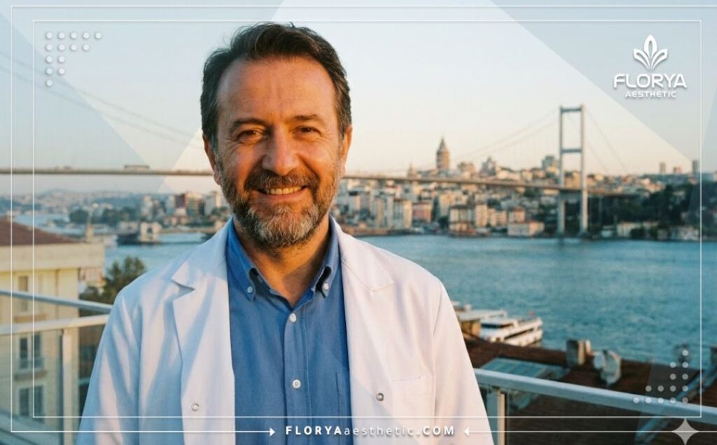 Friendly aesthetic doctor smiling with the Bosphorus Bridge in Istanbul in the background.
