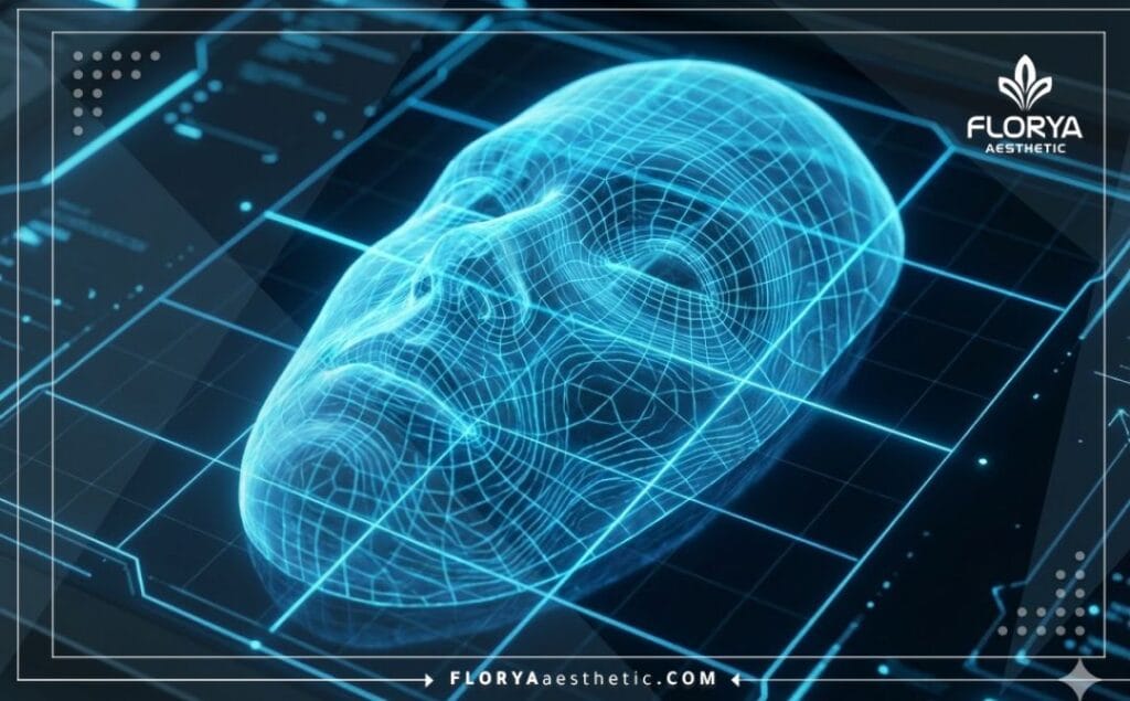 مسح ضوئي ثلاثي الأبعاد لملامح الوجه لتقييم خطة التجميل غير الجراحي بدقة.