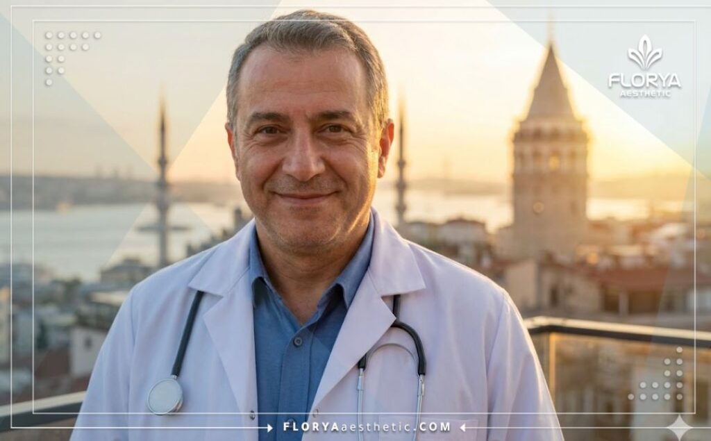 Friendly aesthetic doctor welcoming a patient with Istanbul's Bosphorus Bridge in the beautiful background.