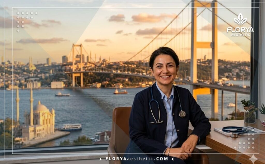 Friendly urologist welcoming patients to Istanbul with the Bosphorus Bridge in the background