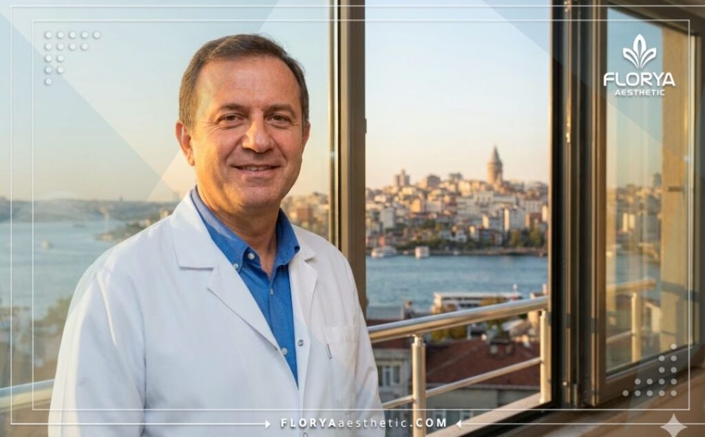 طبيب تجميل يبتسم مرحباً بالمريض مع جسر البوسفور في اسطنبول في الخلفية.