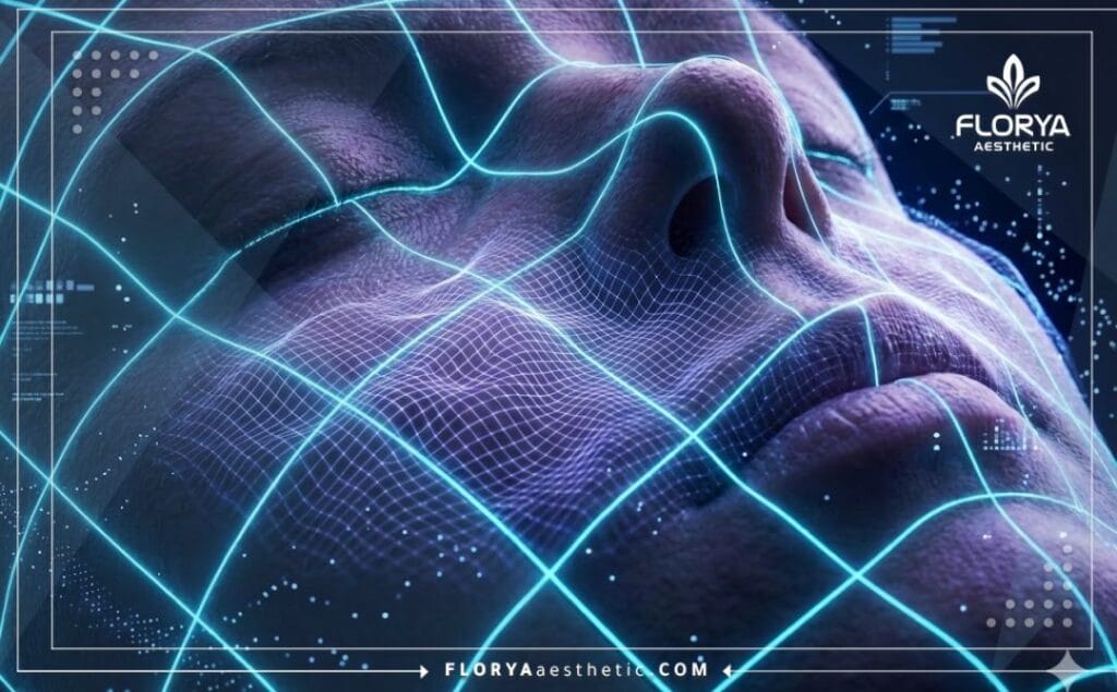 Digital 3D topographic mesh scan highlighting facial skin hydration and structure.