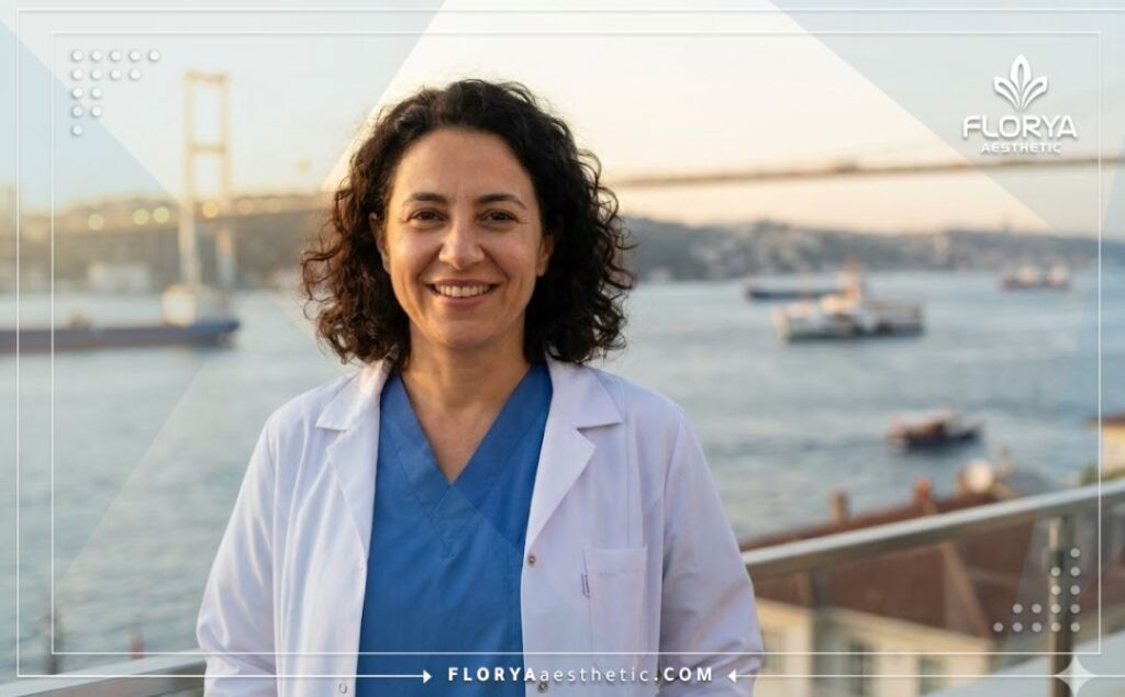 Friendly cosmetic surgeon smiling with Istanbul Bosphorus background