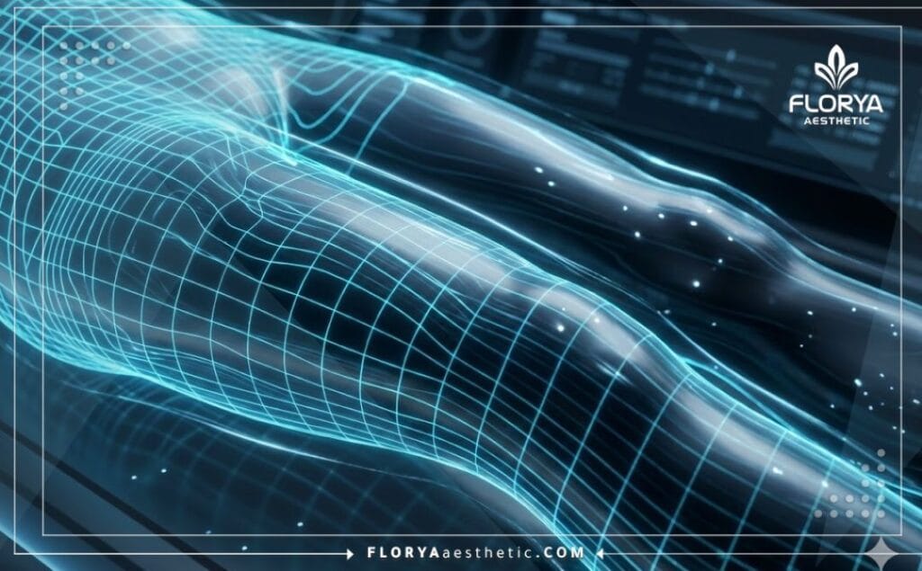 مسح ضوئي ثلاثي الأبعاد يظهر تشريح منطقة الفخذين بدقة عالية.