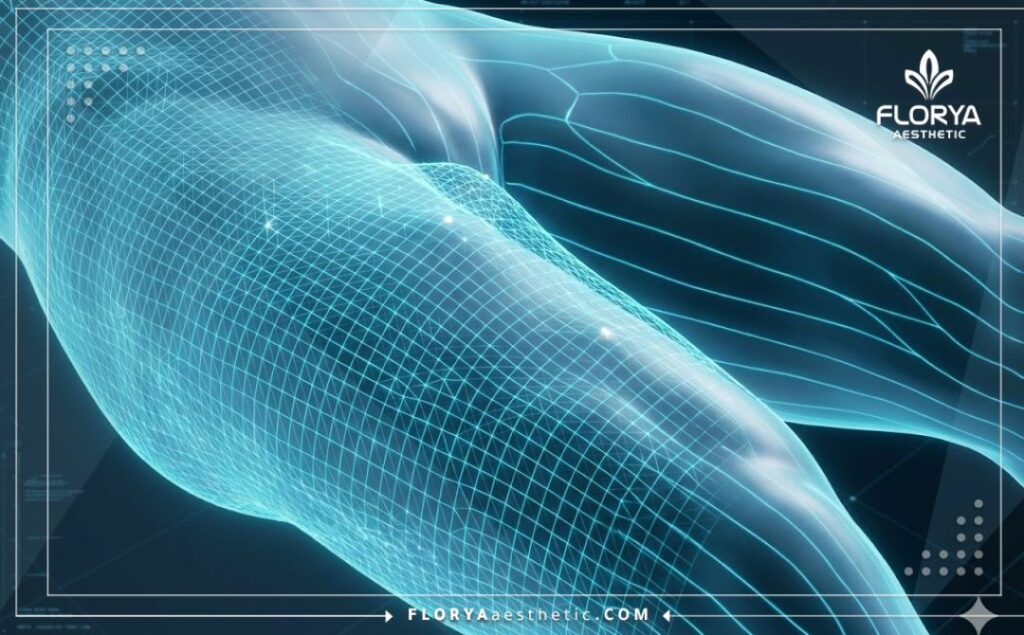 High-tech 3D topographical macro scan of the thigh area demonstrating precision contouring.