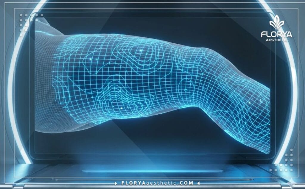 High-tech 3D surface scan visualization of the thigh anatomy with precision mesh overlay.